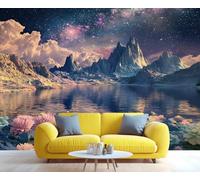 HYGIUID Papier peint mural motif lacs ciel étoilé montagnes, vue nocturne de rêve, poster mural personnalisé, poster mural panoramique massif (non autocollant)