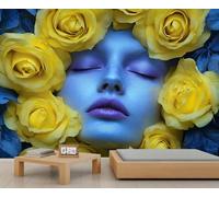 HYGIUID Papier peint mural romantique avec belle femme jaune et rose - Poster mural surdimensionné pour salle de jeux, café - Décoration de fond (non autocollante)