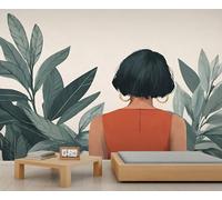 HYGIUID Portraits muraux tendance femme plantes papier peint minimaliste art mural surdimensionné style salle de jeux café décoration de fond (non autocollant)