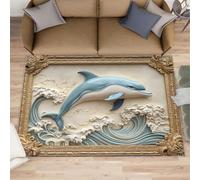 HYGIUID Tapis de porte en relief - 60 x 90 cm - Sculpture en relief - Tapis de cuisine en relief - Cadre doré - Dauphin - Tapis d'intérieur et d'extérieur lavable pour couloir, chambre à coucher