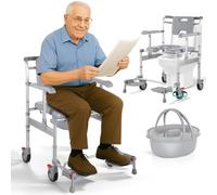 HygiVital Fauteuil roulant de douche roulant, chaise percée de chevet 4 en 1 avec siège rembourré, hauteur réglable, fauteuil roulant de transport pour personnes handicapées, personnes âgées, adultes