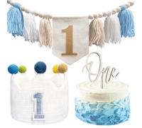 HYHIOTS Décorations de 1er anniversaire pour garçon avec bannière de chaise haute avec chapeau couronne de premier anniversaire et décoration de gâteau d'un an pour garçons et fête prénatale