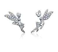 HYHJYMG CZ Fairy Stud Oreads For Women Girls S925 STERLING Silver Tone-Tone Aymmmtric Bwo-Tone Cumbic Zirconia Crystal Tinkerbell Angel Wings Tiny Stud Hypoallernic Bijoux Gift pour sa fille