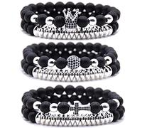 HYHONEY Lot de 3 bracelets à breloques en forme de couronne de zircon 8 mm pour homme et femme - Bracelet pour couple - Noir mat naturel - Perles en hématite - Élastique et réglable, One Size, Pierre