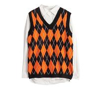 Hyipels Pull sans manches pour femme, col en V, motif losange, long, ample, tricoté, décontracté, débardeur d'école, A noir + orange, Taille M