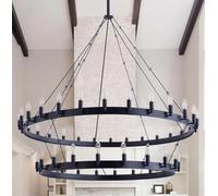 HYJAUSXB Lustre Extra Large Noir à 2 Niveaux en Forme de Roue de Chariot de Ferme, Style Industriel Rustique, à LED