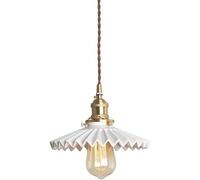 HYJAUSXB Lustre rétro Simple en Laiton E27, Hauteur réglable, avec Abat-Jour plissé en céramique, Blanc 20 cm (7,9 Pouces), idéal pour Chambre, Salle à Manger, Bureau, Lustre décoratif