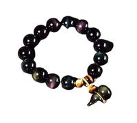 HYJYGM Black Obsidian, for Women Men Natural Black Obsidian WU Lou Calabash Gourd Rainbow Eye Tiger Eye Attract Good Luck,8mm