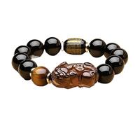 HYJYGM Black Obsidian, Natural Black Obsidian Piyao Six Words Red Agate Gemstone Energy Tiger Eye Beaded Adjustable Protection Men Jewelry Gifts,3,14MM