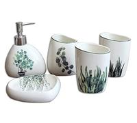 HYKJCSS Distributeur Savon Set Ensemble D'accessoires De Salle Bain en Céramique 5 Pièces Comprenant Un Distributeur Savon Porte-Savon Brosse À Dents Tasse 2 Gobelets Bain(A)
