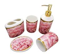 HYKJCSS Distributeur Savon Set Ensemble D'accessoires De Salle Bain en Céramique Style Européen 4 Pièces avec Ornement Créatif Rose pour Cadeau Mariage Bain