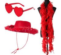 HYMBCFW Chapeau de Cowboy avec Lunettes et Écharpe à Plumes - Pour Bachelorette, Fête, Vacances, Halloween, Cosplay, Mascarade (Rouge)
