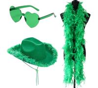 HYMBCFW Chapeaux de Cowboy, 3PCS Chapeau de Cowgirl avec Lunettes et Écharpe à Plumes Chapeau Cowboy Chapeau en Feutre pour Bachelorette Fête Vacances Fête Halloween Cosplay Cowboy Mascarade(Vert)