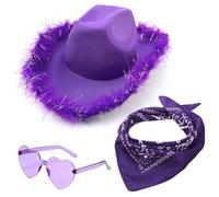 HYMBCFW Chapeaux de Cowboy, 3PCS Cowgirl Hat avec Bandana et Lunettes de Soleil en Forme de Cœur Chapeau en Feutre pour Bachelorette Fête Vacances Fête Halloween Cosplay Mascarade(Violet)