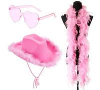 HYMBCFW Chapeaux de Cowboy, 3PCS Cowgirl Hat avec Lunettes de Soleil en Forme de Cœur et Écharpe à Plumes Chapeau Cowboy pour Bachelorette Fête Vacances Fête Halloween Cosplay Cowboy Mascarade (Rosa)