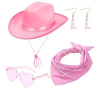 HYMBCFW Chapeaux de Cowboy, 4PCS Cowgirl Hat avec Bandana Boucles d'oreilles et Lunettes de Soleil Chapeau en Feutre pour Bachelorette Fête Vacances Fête Halloween Cosplay Mascarade(Rosa)