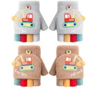 HYMBCFW Gants Tricotés pour Enfants, 2 Paires Gants Enfant Hiver avec imprimé Tracteur Gants sans Doigts Gants Chauds en Tricot Convertible Flip Top Gants Demi-Doigts pour Garçons Filles 3-5 Ans