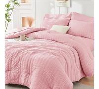 HYMOKEGE Parure de lit 7 pièces toute saison en tissu gaufré pour grand lit 2 personnes avec couette, draps, taies d'oreiller et couvre-oreillers, rose