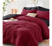 HYMOKEGE Parure de lit 7 pièces toute saison en tissu gaufré pour grand lit 2 personnes avec couette, draps, taies d'oreiller et couvre-oreillers, rouge et noir