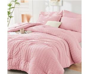HYMOKEGE Parure de lit 7 pièces toute saison en tissu gaufré pour grand lit 2 personnes avec couette, draps, taies d'oreiller et couvre-oreillers, rose