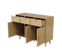 HYNHXBP Buffet 3 Portes 3 Tiroirs Effet Cannage 107,9 x 40 x 80 cm Couleur Bois Naturel, Meuble de Rangement avec Étagères, Bahut Moderne pour Salon Salle à Manger Entrée