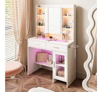 HYNHXBP Coiffeuse, élégante Coiffeuse avec 2 tiroirs et 1 Armoire, avec Miroir LED, équipée d'un éclairage LED, sèche-Cheveux et Port USB Prise européenne,40x89.8x145cm (Type A)