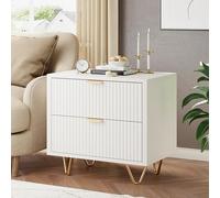 HYNHXBP Commode de Chevet 2 tiroirs avec Panneau ondulé Blanc, poignées métalliques dorées et Pieds en métal, idéale pour Chambre à Coucher,49x29x47cm