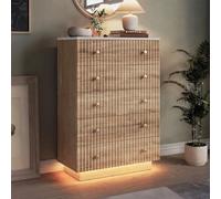 HYNHXBP Commode Haute 5 Tiroirs avec LED, Meuble de Rangement en Bois Naturel à Relief Ondulé, Commode Moderne pour Chambre, Salon ou Entrée, 73 x 40 x 111 cm