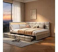 HYNHXBP Lit 140x190cm avec Rangement, Lit d’Angle rembourré Adulte avec 2 tiroirs, LED, USB Type-C, Tête de lit avec étagère, sommier à Lattes, Canapé-Lit pour Studio et Chambre d’Amis,Lin