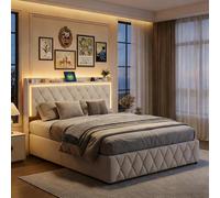 HYNHXBP Lit Cofffre 140x200cm, avec éclairage LED et Chargement USB, lit Coffre avec sommier, Tête de lit avec Espace de Rangement, pour Adultes et aux Adolescents,Velours (Beige-B, 140 x 200 cm)