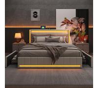HYNHXBP Lit Coffre 140x190 cm avec 4 tiroirs en métal, lit rembourré avec éclairage LED et Recharge, Lin, lit tiroir avec sommier à Lattes, Convient aux Adultes, Lin (Beige, 140 x 190 cm)