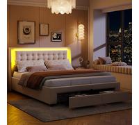 HYNHXBP Lit Coffre 180x200cm, lit Double avec éclairage LED, lit Queen-Size rembourré avec sommier, vérin à gaz et 2 tiroirs, revêtement en Velours Beige