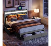 HYNHXBP Lit double capitonné 160 x 200 cm, avec espace de rangement et tiroirs, tête de lit avec éclairage LED et fonction de charge USB, lit fonctionnel, lin (gris, 160 x 200 cm)
