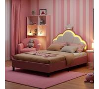 HYNHXBP Lit Enfant Rembourré 140x200 cm,Lit Simple avec lumière LED,Tête de lit et sommier à Lattes réglables,Motif Couronne en Velours Rose,Lits pour Filles et Adolescentes (140 x 200 cm)