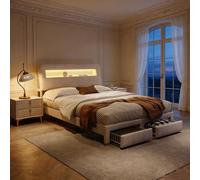 HYNHXBP Lit Rembourré 160x200 cm en Velours avec 2 Tiroirs, Tête de Lit avec Rangement, LED Intégrée et Ports USB & USB-C, Cadre de Lit avec Sommier à Lattes et Structure Métal, Beige