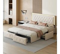 HYNHXBP Lit Rembourré Coffre 140 x 200 cm, avec 4 tiroirs Pratiques, tête de lit LED, lit de Rangement élégant avec sommier à Lattes, idéal pour Adultes et Adolescents, PU (Beige, 140 x 200 cm)
