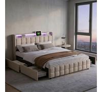 HYNHXBP Lit tirors 160x200 avec Rangement, Cadre de Lit 2 Places Rembourré Tissu Lin Beige, Tête de Lit LED Multicolore, Prises USB & Type C, 4 Tiroirs Coulissants, Sommier à Lattes