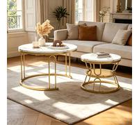 HYNHXBP Lot de 2 Tables Basses, Table Gigogne Design Marbre, avec Espace de Rangement, Cadre en Métal, pour Canapé, Salon, Chambre (Doré, 70x70x44.2 cm)