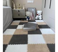 HynJGih Lot de 30 tapis de sol emboîtables en mousse, tapis carrés, blocs de tapis en mousse pelucheux, puzzle carré (gris, marron clair, blanc)