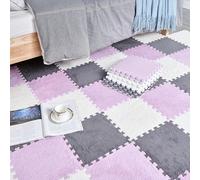 HynJGih Tapis à emboîtement en Peluche 18 pièces, Tapis de Puzzle carré en Mousse à emboîtement, Tapis de Sol découpable for Chambre, Salon, Chambre à Coucher(White+Grey+Purple)