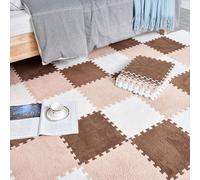 HynJGih Tapis à emboîtement en Peluche 18 pièces, Tapis de Puzzle carré en Mousse à emboîtement, Tapis de Sol découpable for Chambre, Salon, Chambre à Coucher(White+Apricot+Coffee)