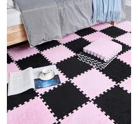 HynJGih Tapis à emboîtement en Peluche 18 pièces, Tapis de Puzzle carré en Mousse à emboîtement, Tapis de Sol découpable for Chambre, Salon, Chambre à Coucher(Black+Pink)
