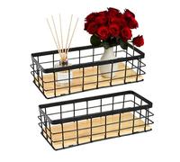 Hynorian Lot de 2 corbeilles métalliques noires avec fond en bois comme panier de rangement et panier mural, rangement suspendu polyvalent pour cuisine, salle de bain, salon et espace de travail