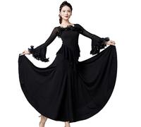 Hynyjxjy B,XXL, Robes De Danse De Bal À Manches Trompette pour Femmes Tenue De Danse Tango À Volants pour Spectacle Costume De Danse De Valse Vêtements De Danse De Foxtrot Grand Swing