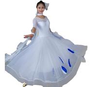 Hynyjxjy Blanc,L, Robes De Danse De Salon À Manches Milongues Costume De Danse De Valse en Maille Épissée pour Femme Vêtements De Danse De Sociale Dos Nu Tenue De Danse De Foxtrot en Tulle