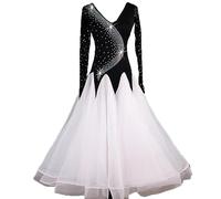 Hynyjxjy Blanc,S, Compétition De Danse De Salle De Bal Vêtements De Danse Performance Tango Foxtrot Swing Plissé pour Femmes Robes De Strass Tenue De Danse Salsa Waltz À Manches Longues