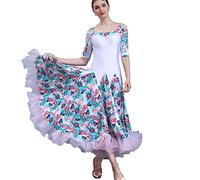 Hynyjxjy ,Blanc,S, Robes De Danse De Salon À Manches Mi-Longues Tenue De Danse De Valse Imprimée pour Femme Tenue De Danse De Moderne Dos Nu Tenue D'entraînement pour Le Foxtrot Et Le Swing