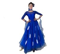 Hynyjxjy Bleu,L, Robes De Danse De Salon À Manches Milongues Costume De Danse De Valse en Maille Épissée pour Femme Vêtements De Danse De Sociale Dos Nu Tenue De Danse De Foxtrot en Tulle