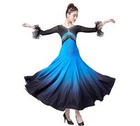 Hynyjxjy Bleu,L, Robes De Danse De Salon Dégradées pour Femmes Vêtements De Danse De Valse À Col en V pour Spectacle Tenue De Danse De Moderne avec Strass Vêtements De Danse De Social Super Swing