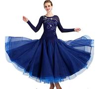 Hynyjxjy Bleu,M, Robes De Compétition De Danse De Salon De Femmes Tenues De Danse De Valse avec Empiècements en Résille Costumes De Danse De Salsa Ornés De Strass Tenues De Danse De Tango Social